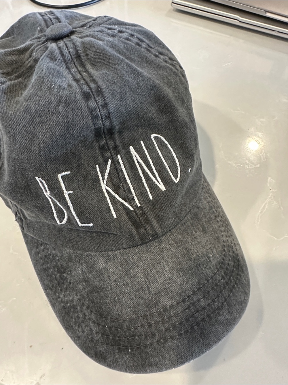 Rae Dunn BE KIND Embroidered Baseball Cap - Charcoal with White Stitching